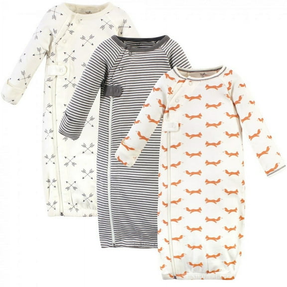 Touched by Nature Baby Boy Organic Cotton Zipper Long-Sleeve Gowns 3pk, Orange Fox, 0-6 Months