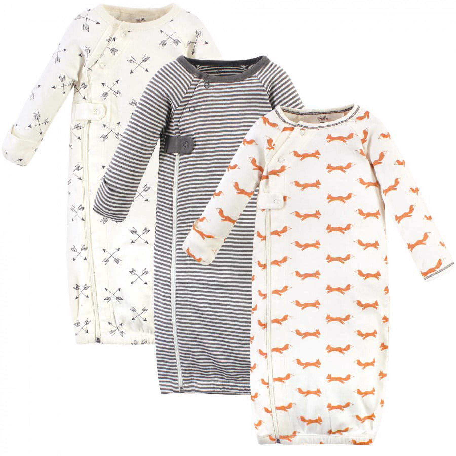 Touched by Nature Baby Boy Organic Cotton Zipper Long-Sleeve Gowns 3pk, Orange Fox, Preemie