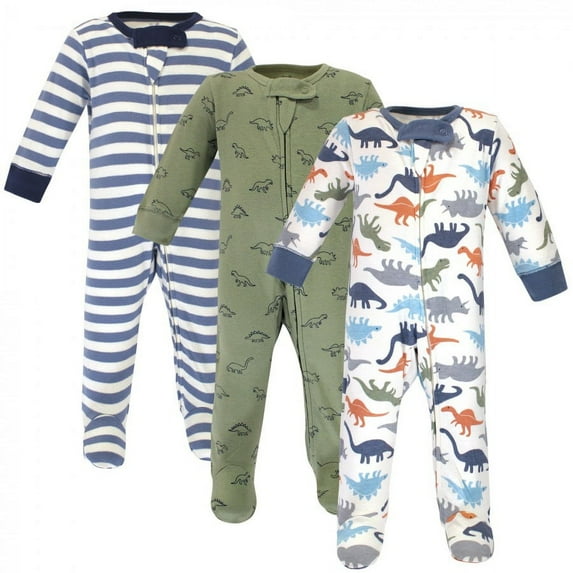 Touched by Nature Baby Boy Organic Cotton Zipper Sleep and Play 3pk, Dinosaurs, 6-9 Months