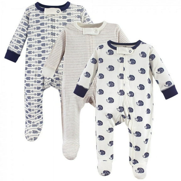 Touched by Nature Baby Boy Organic Cotton Zipper Sleep and Play 3pk, Hedgehog, 0-3 Months