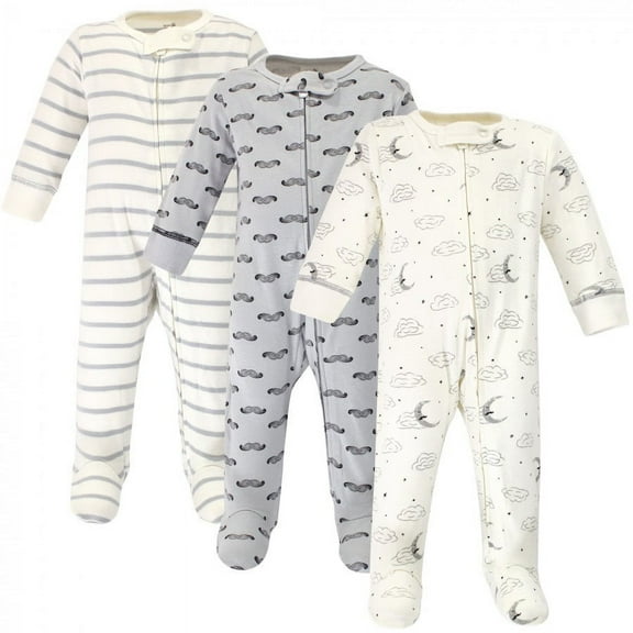 Touched by Nature Baby Boy Organic Cotton Zipper Sleep and Play 3pk, Mr Moon, 6-9 Months