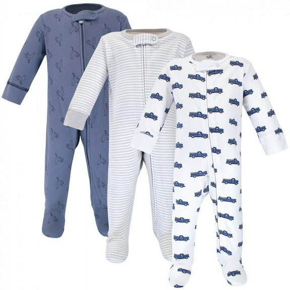 Touched by Nature Baby Boy Organic Cotton Zipper Sleep and Play 3pk, Truck, 0-3 Months
