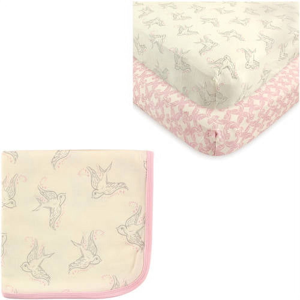 Touched by Nature Baby Boys' and Girls' Organic Cotton Fitted Crib Sheet (2-Pack) and Cotton Swaddle Blanket, Choose Your Color