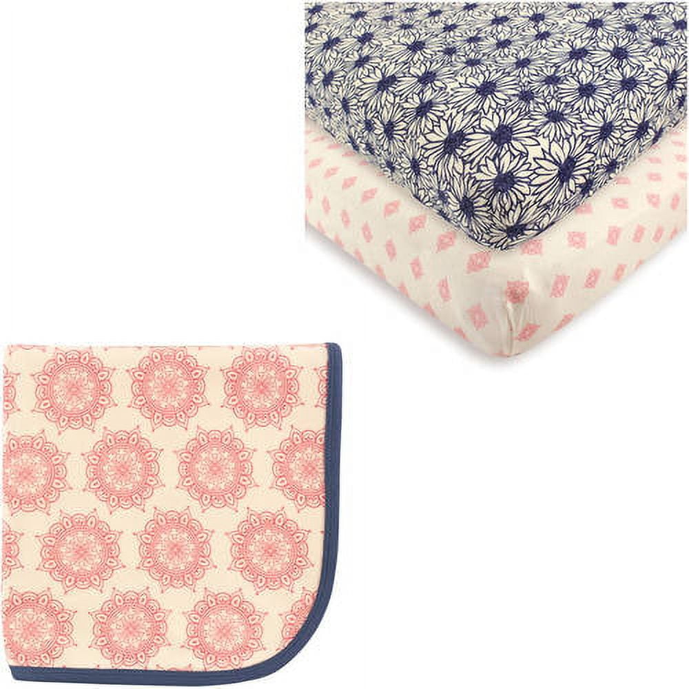 Touched by Nature Baby Boys' and Girls' Organic Cotton Fitted Crib Sheet (2-Pack) and Cotton Swaddle Blanket, Choose Your Color