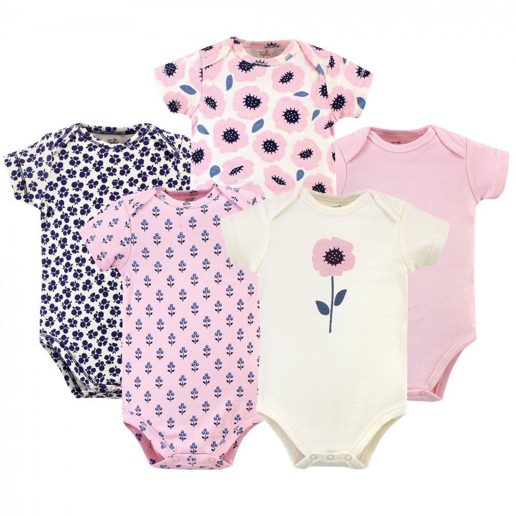 Touched by Nature Baby Girl Organic Cotton Bodysuits 5pk, Blossoms, 0-3 Months