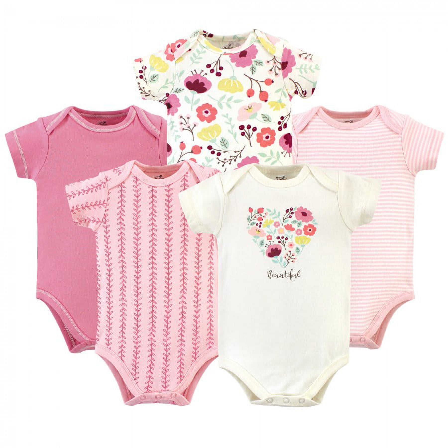 Touched by Nature Baby Girl Organic Cotton Bodysuits 5pk, Botanical, 3-6 Months