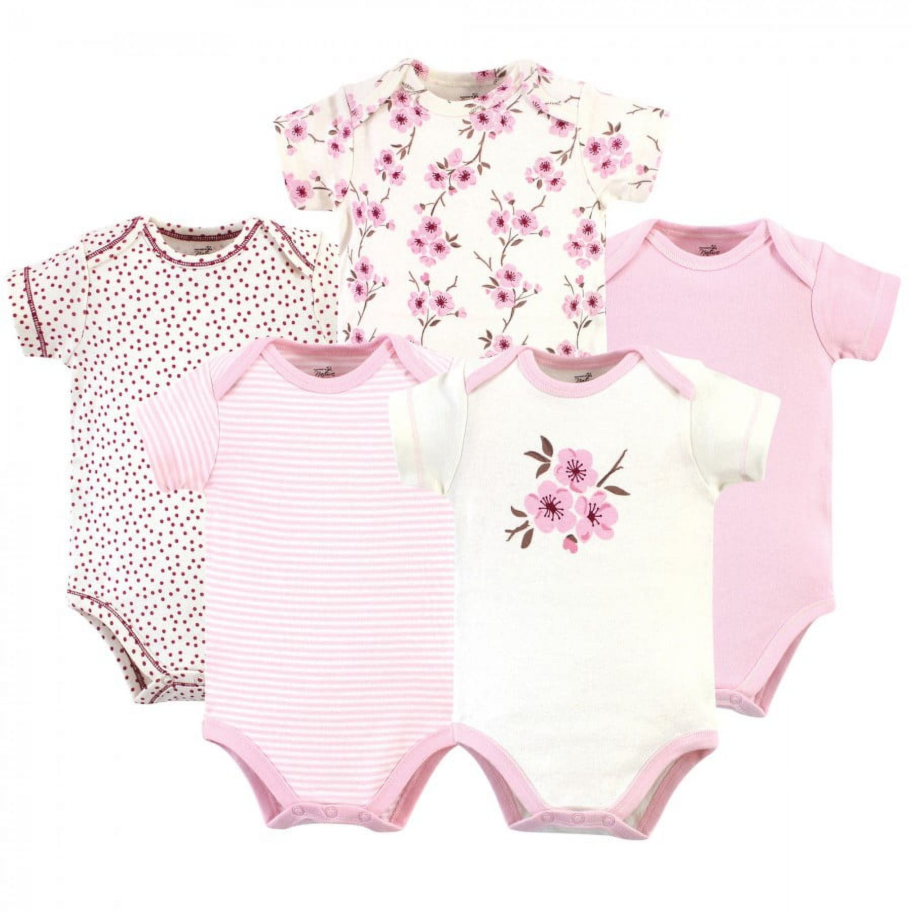 Touched by Nature Baby Girl Organic Cotton Bodysuits 5pk, Cherry Blossom, 0-3 Months