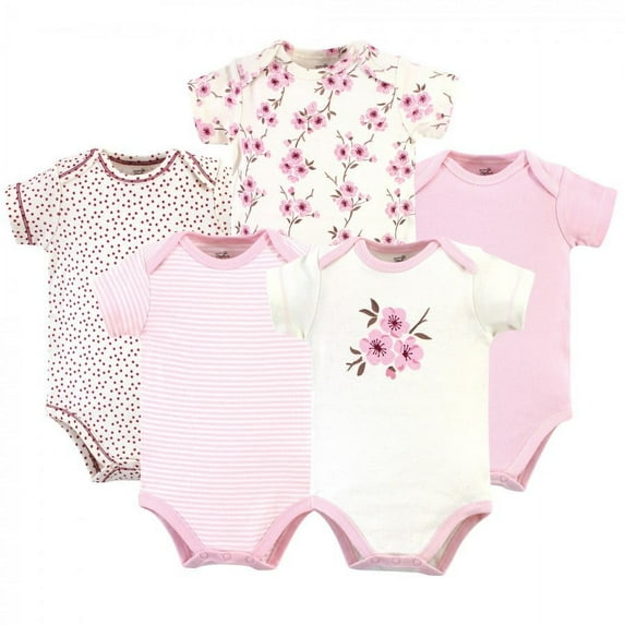 Touched by Nature Baby Girl Organic Cotton Bodysuits 5pk, Cherry Blossom, 6-9 Months