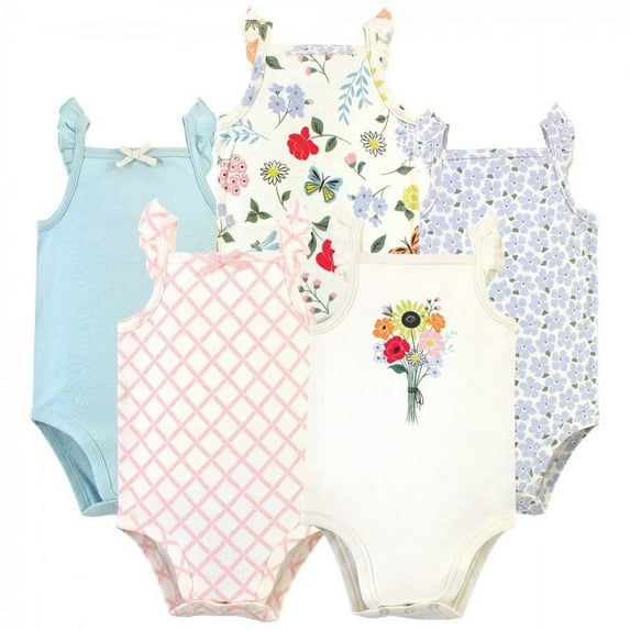 Touched by Nature Baby Girl Organic Cotton Bodysuits 5pk, Flutter Garden, 12-18 Months