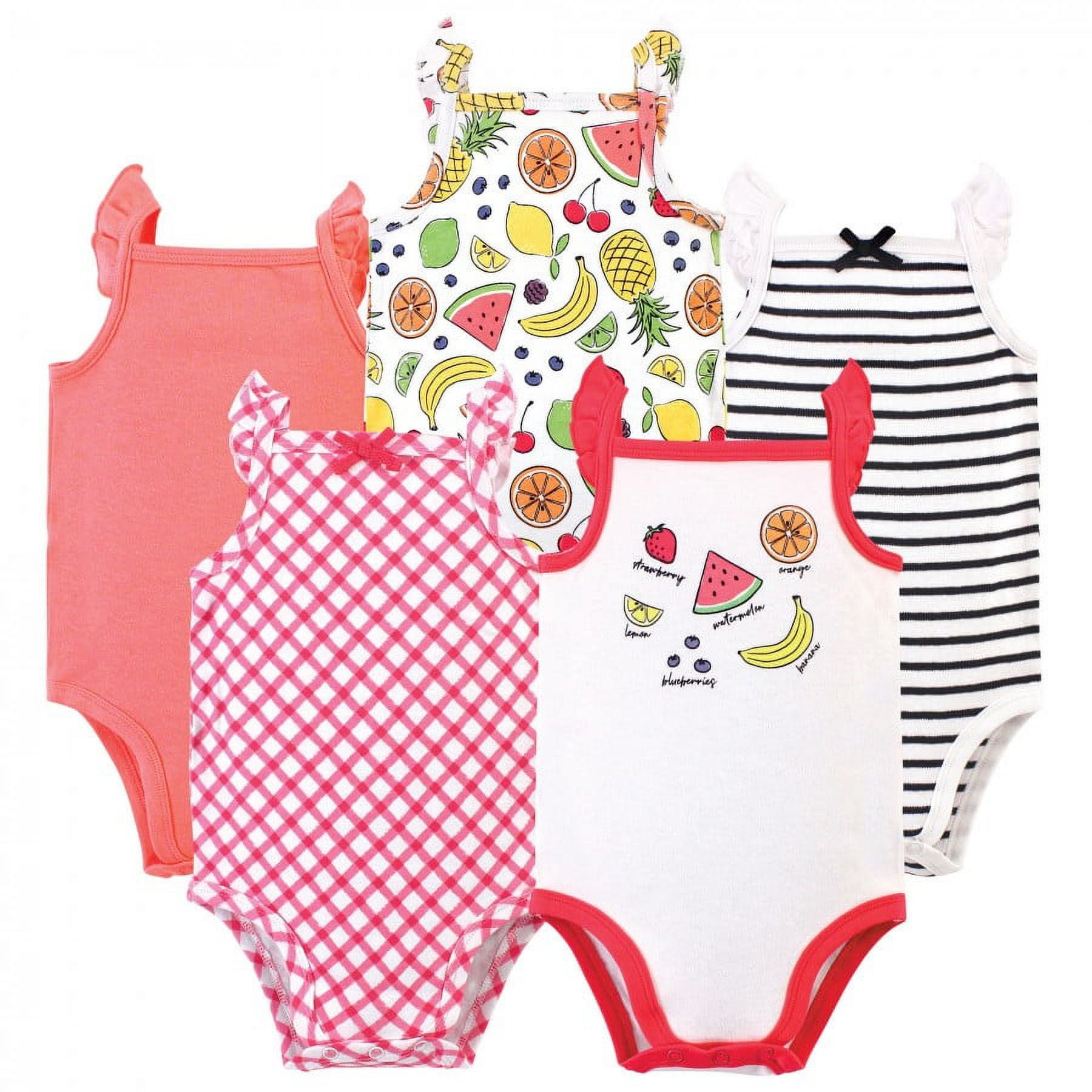 Touched by Nature Baby Girl Organic Cotton Bodysuits 5pk, Fruit, 3-6 Months