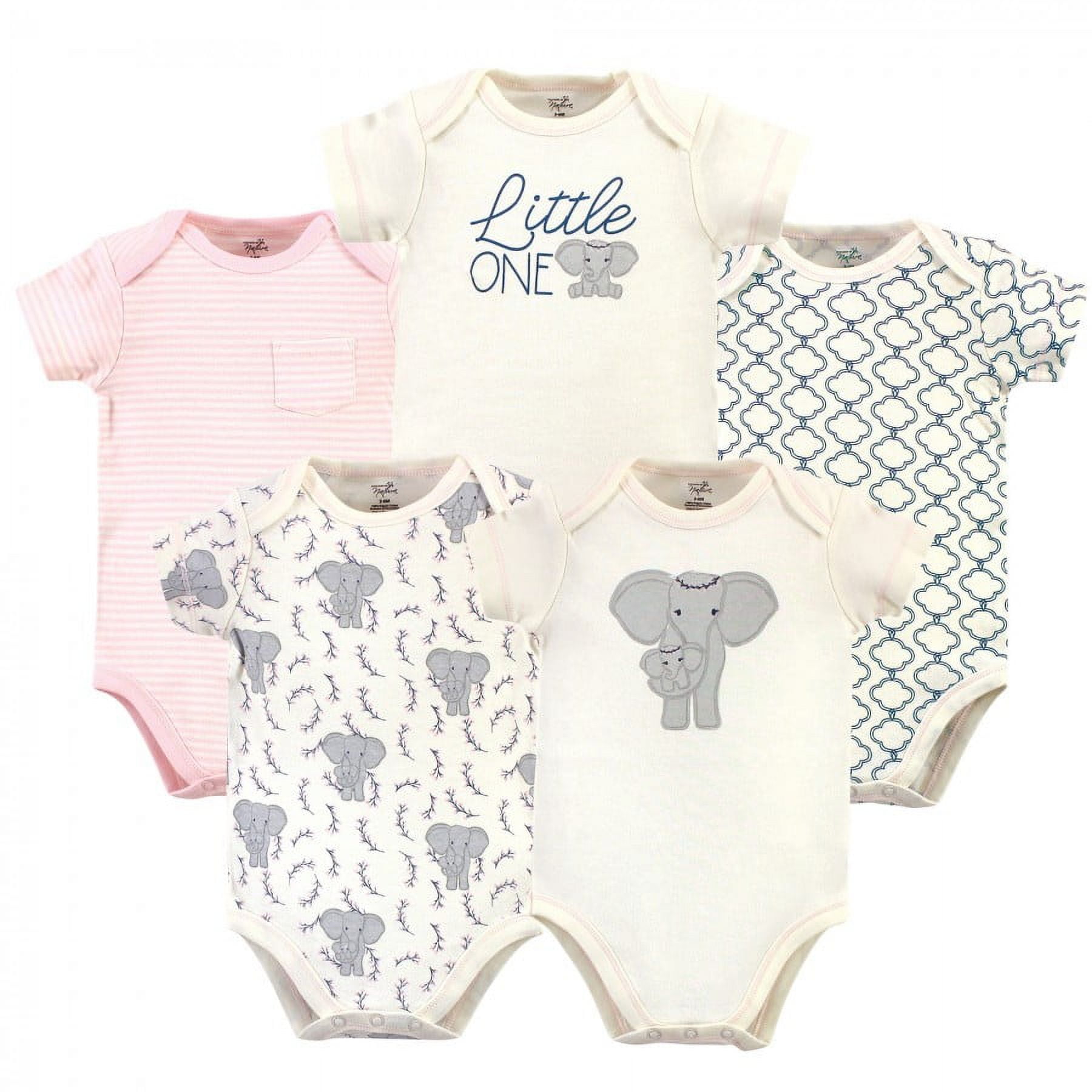 Touched by Nature Baby Girl Organic Cotton Bodysuits 5pk, Girl Elephant, 3-6 Months