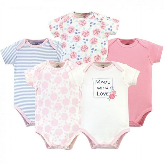 Touched by Nature Baby Girl Organic Cotton Bodysuits 5pk, Pink Rose, 9-12 Months
