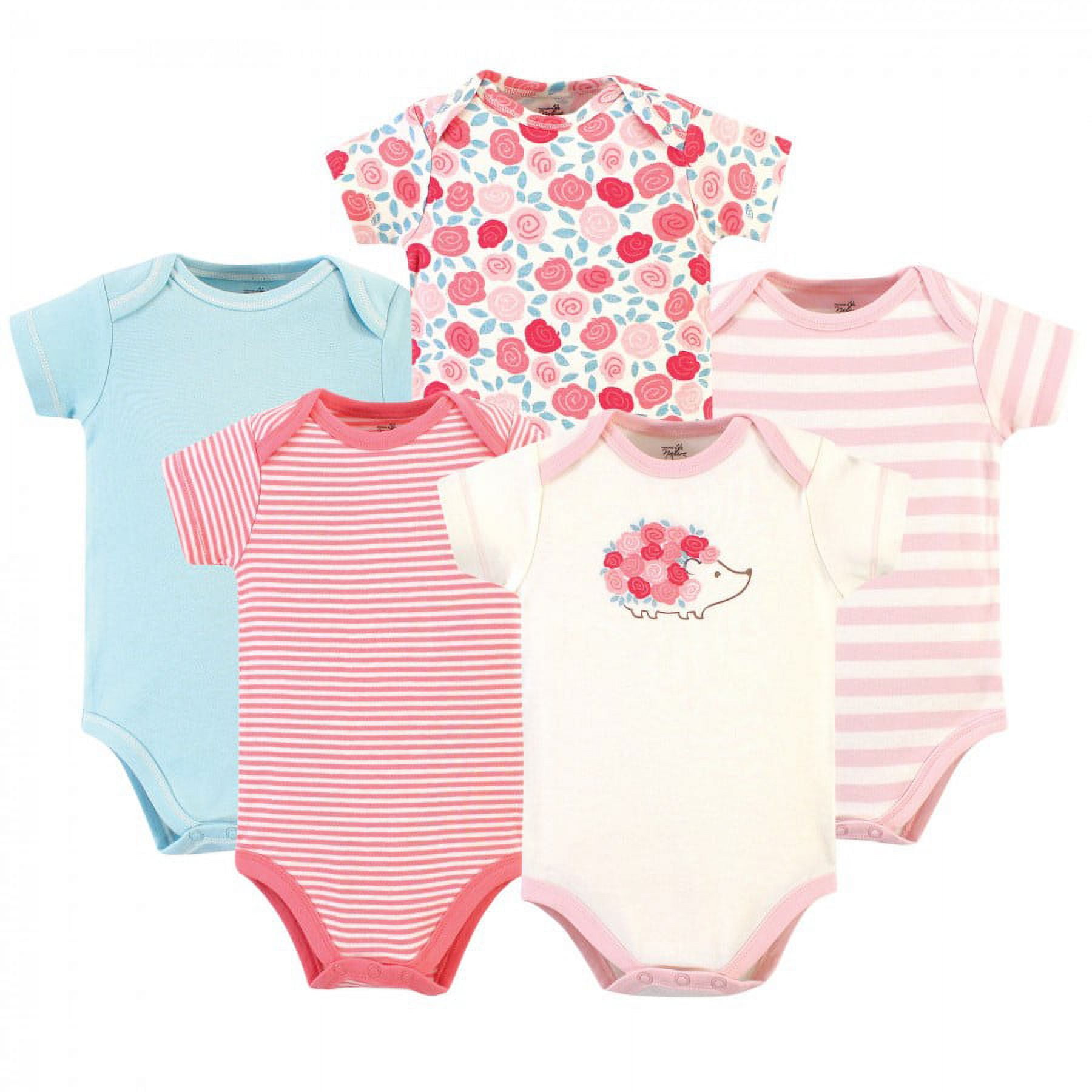 Touched by Nature Baby Girl Organic Cotton Bodysuits 5pk, Rosebud, 12-18 Months