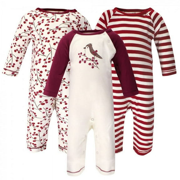 Touched by Nature Baby Girl Organic Cotton Coveralls 3pk, Berry Branch, 18-24 Months
