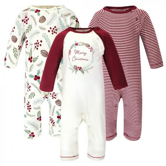 Touched by Nature Baby Girl Organic Cotton Coveralls 3pk, Holly Berry, 9-12 Months