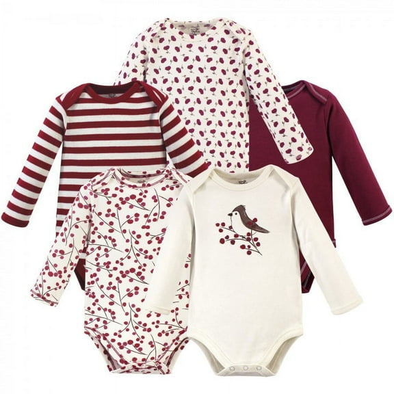 Touched by Nature Baby Girl Organic Cotton Long-Sleeve Bodysuits 5pk, Berry Branch, 18-24 Months