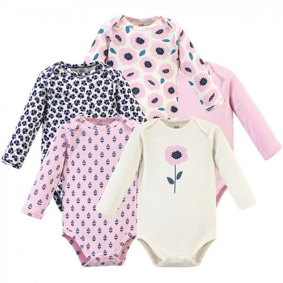 Touched by Nature Baby Girl Organic Cotton Long-Sleeve Bodysuits 5pk, Blossom, 0-3 Months