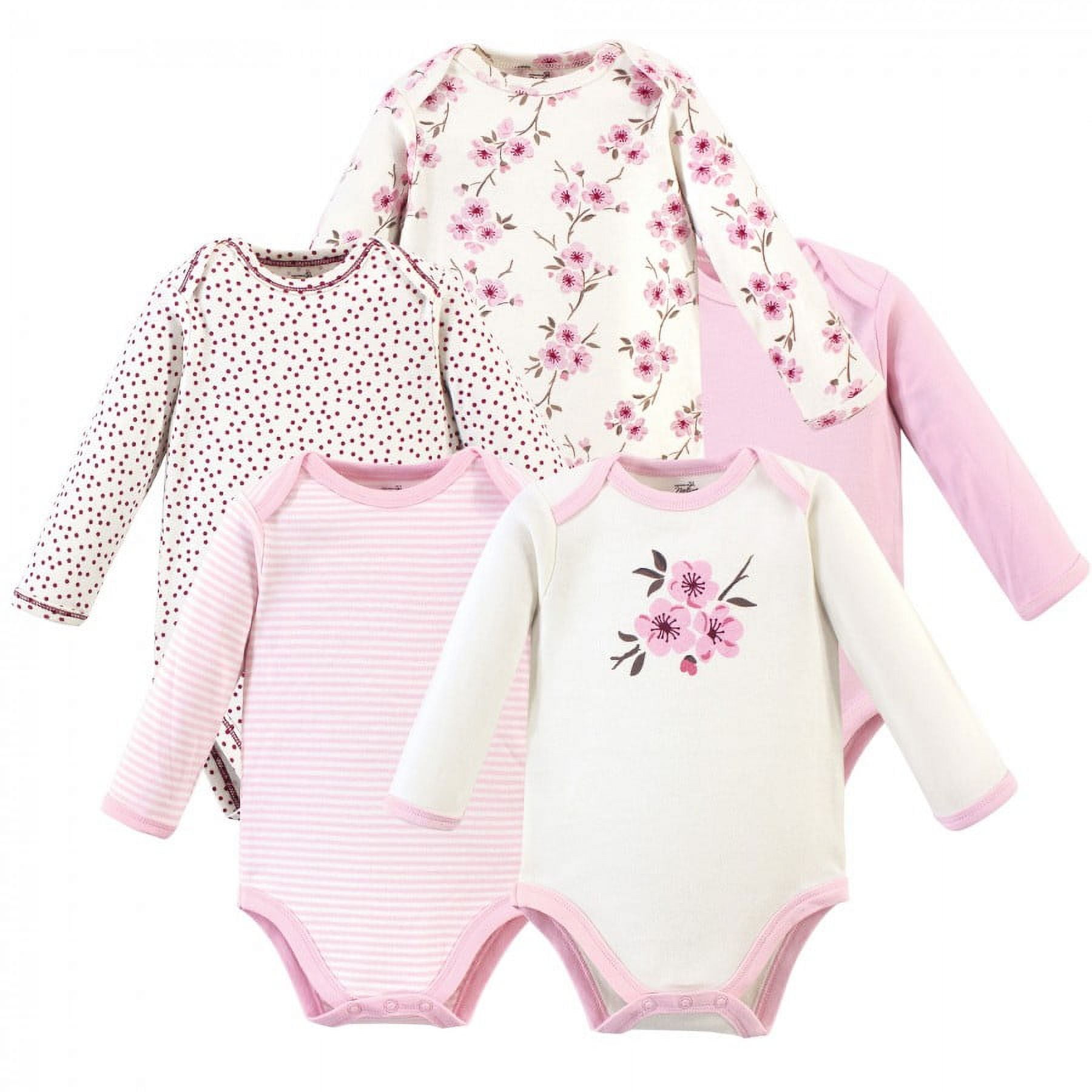 Touched by Nature Baby Girl Organic Cotton Long-Sleeve Bodysuits 5pk, Cherry Blossom, 6-9 Months