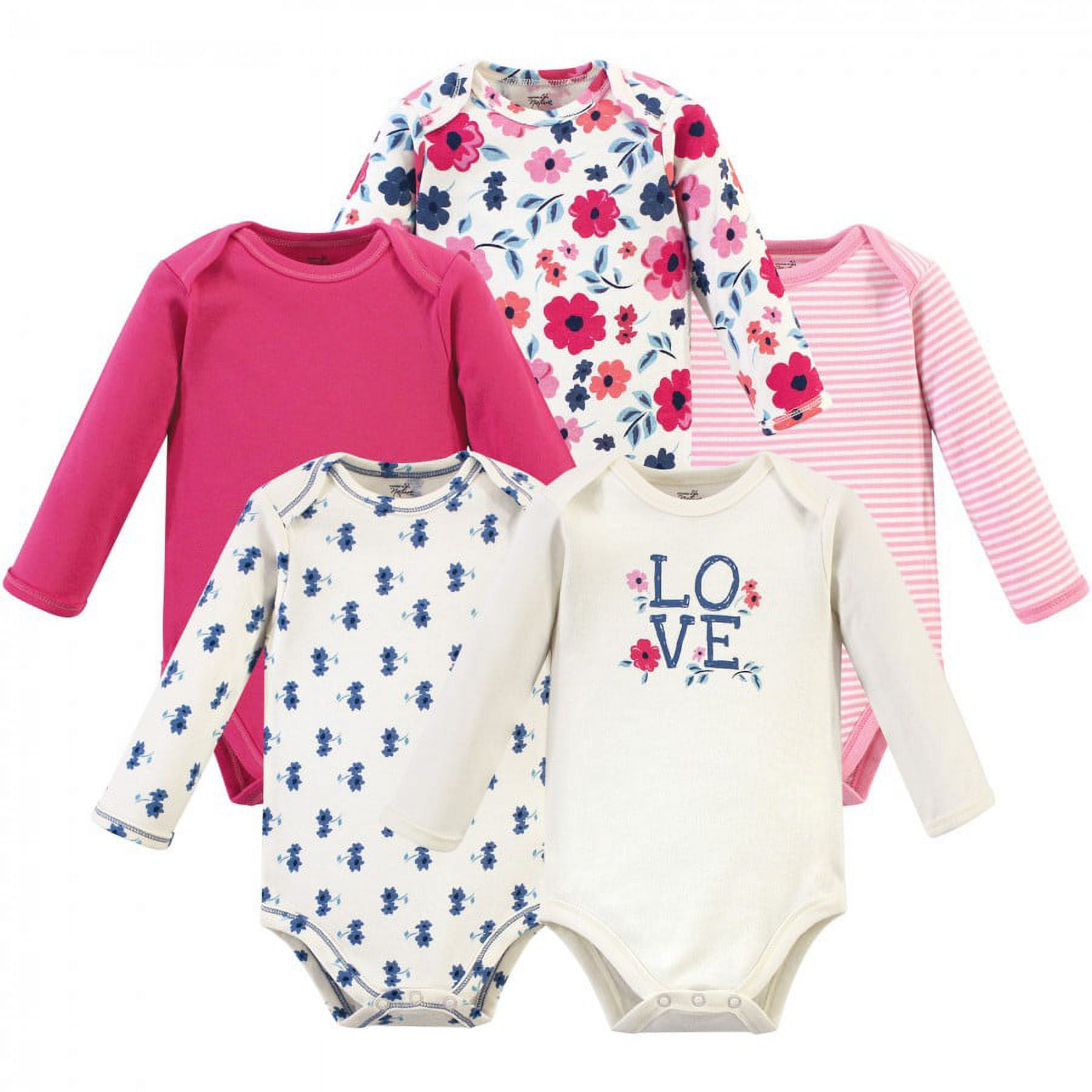 Touched by Nature Baby Girl Organic Cotton Long-Sleeve Bodysuits 5pk, Garden Floral, 3-6 Months