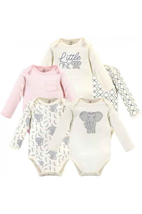 Baby Girl Organic Cotton Long-Sleeve Bodysuits 5pk, Pink Elephant, 12-18 Months
