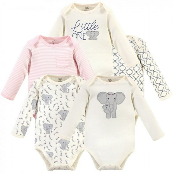 Touched by Nature Baby Girl Organic Cotton Long-Sleeve Bodysuits 5pk, Pink Elephant, 9-12 Months