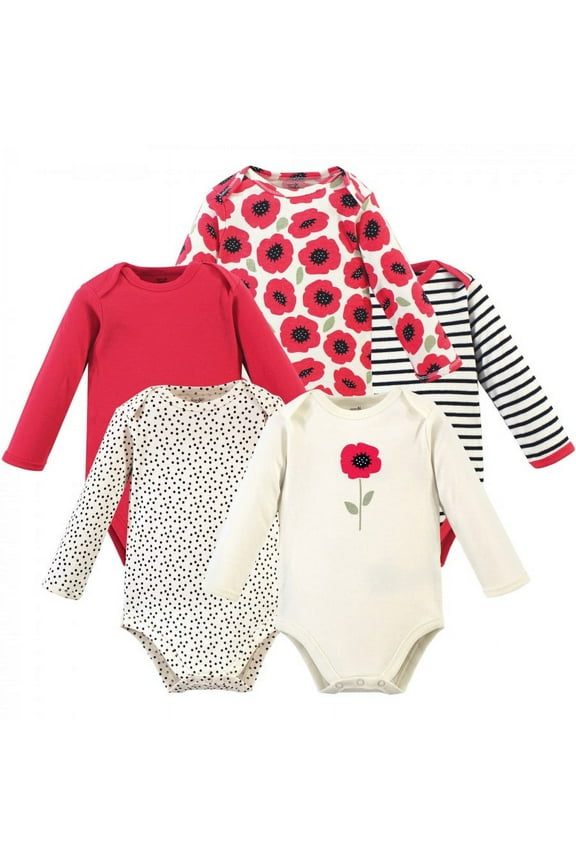 Baby Girl Organic Cotton Long-Sleeve Bodysuits 5pk, Poppy, 6-9 Months