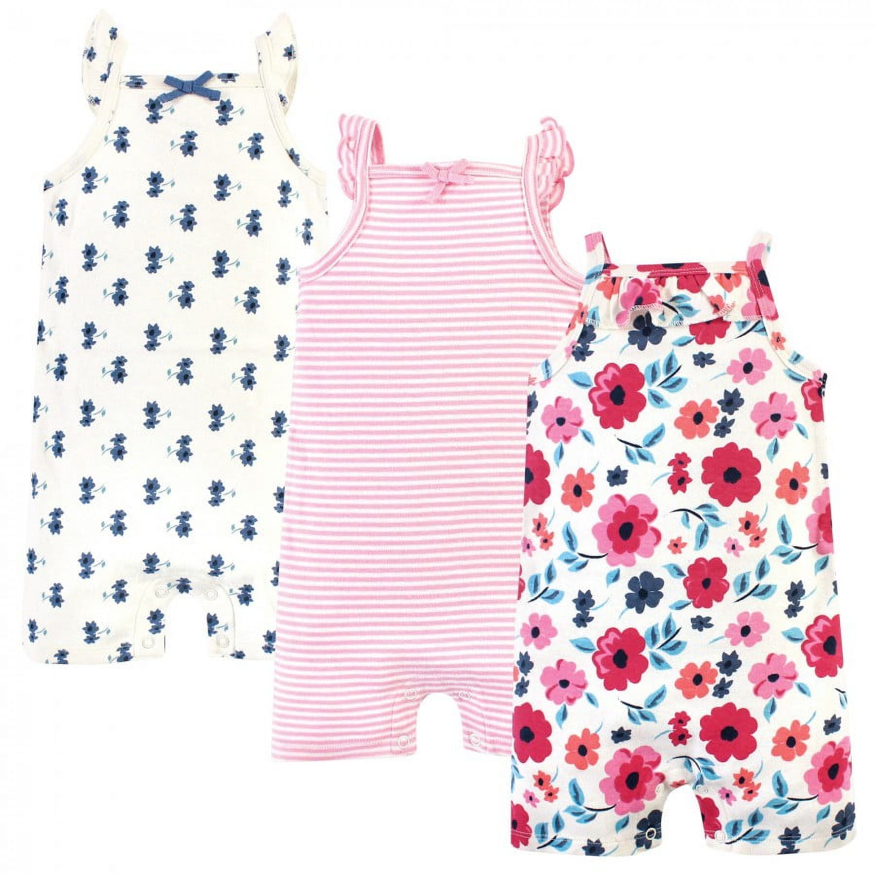 Touched by Nature Baby Girl Organic Cotton Rompers 3pk, Garden Floral Flutter, 3-6 Months