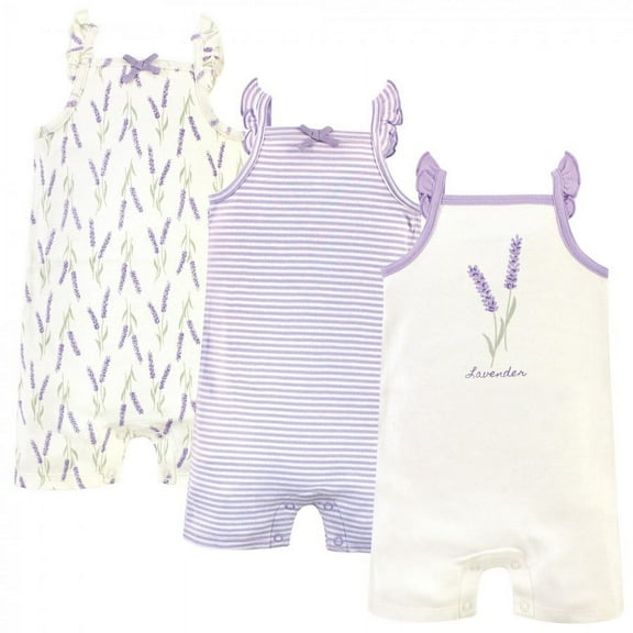 Touched by Nature Baby Girl Organic Cotton Rompers 3pk, Lavender, 6-9 Months