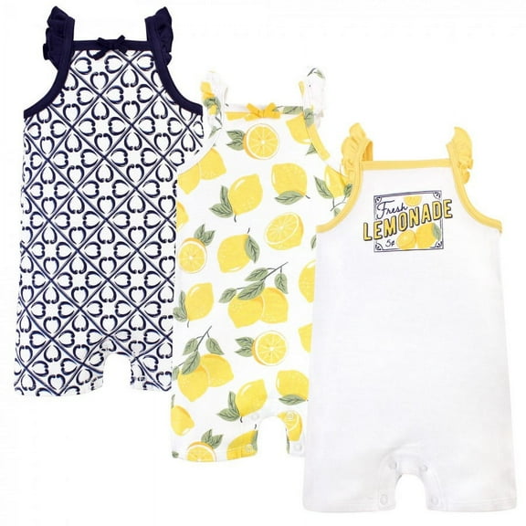Touched by Nature Baby Girl Organic Cotton Rompers 3pk, Lemon Tree, 18-24 Months