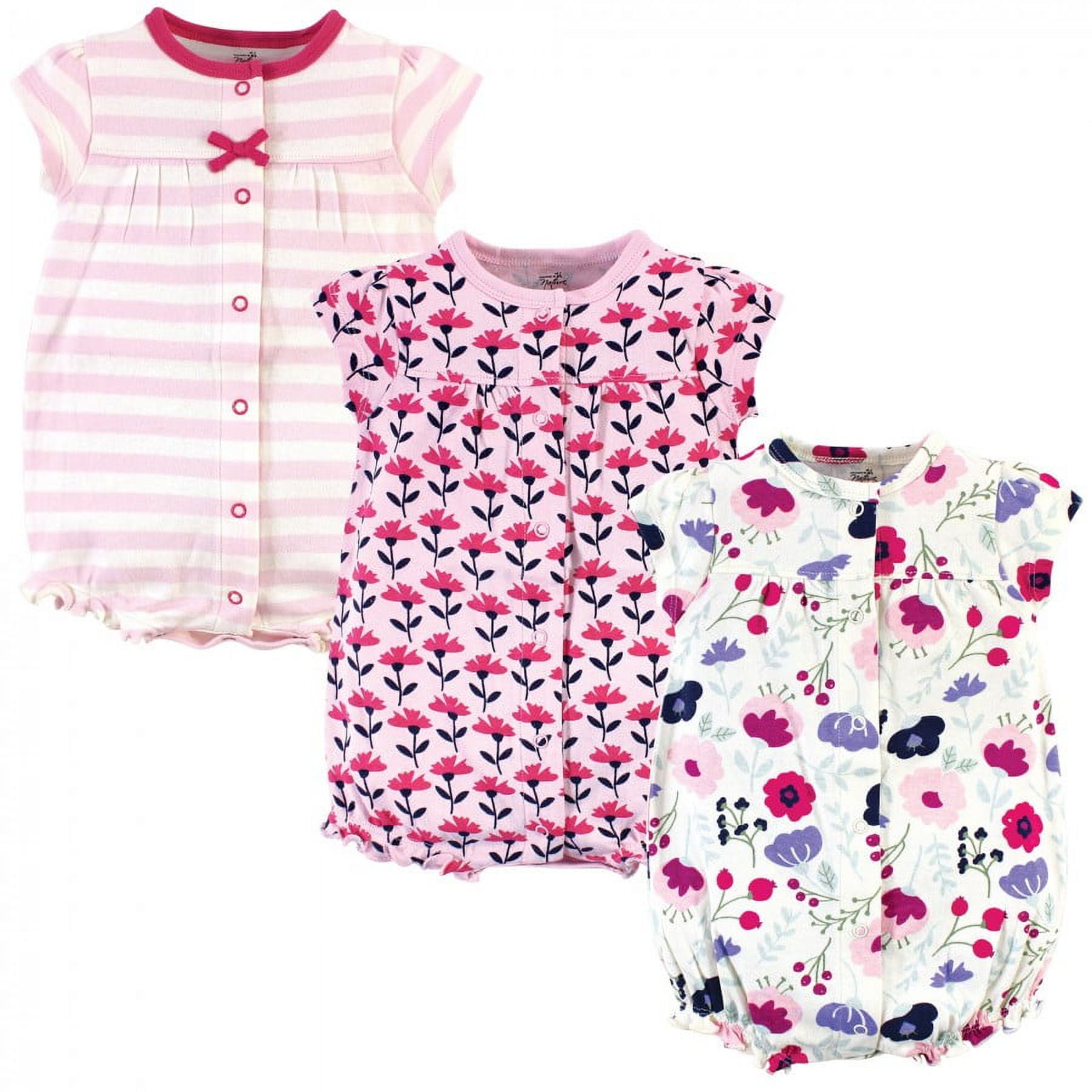 Touched by Nature Baby Girl Organic Cotton Rompers 3pk, Pink Botanical, 3-6 Months