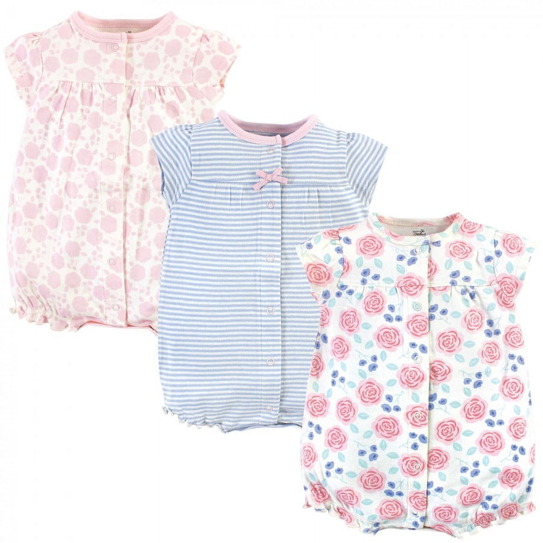 Touched by Nature Baby Girl Organic Cotton Rompers 3pk, Pink Rose, 12-18 Months