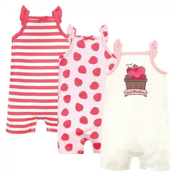 Touched by Nature Baby Girl Organic Cotton Rompers 3pk, Strawberries, 12-18 Months
