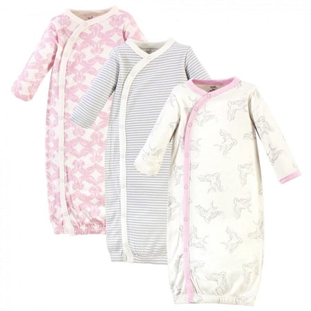 Touched by Nature Baby Girl Organic Cotton Side-Closure Snap Long-Sleeve Gowns 3pk, Bird, Preemie