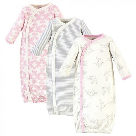 Touched by Nature Baby Girl Organic Cotton Side-Closure Snap Long-Sleeve Gowns 3pk, Bird, Preemie