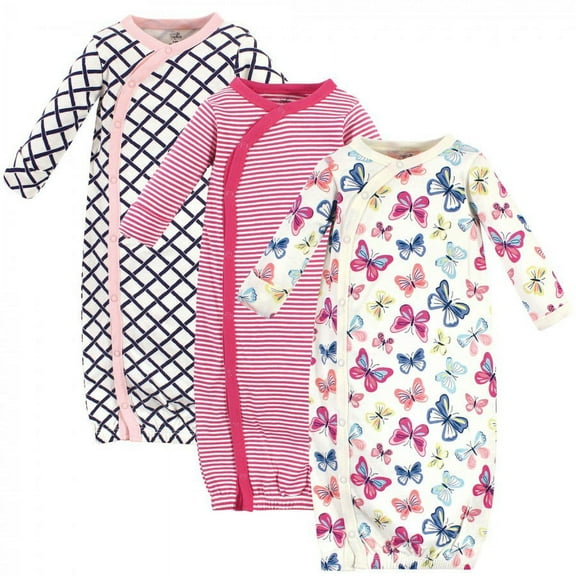 Touched by Nature Baby Girl Organic Cotton Side-Closure Snap Long-Sleeve Gowns 3pk, Bright Butterflies, Preemie