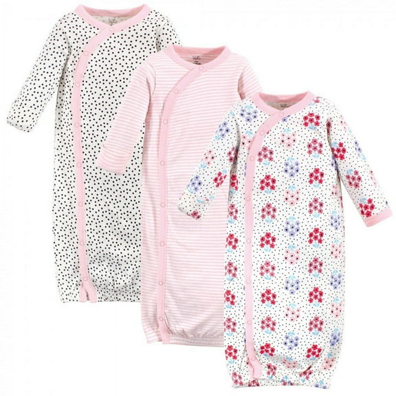 Touched by Nature Baby Girl Organic Cotton Side-Closure Snap Long-Sleeve Gowns 3pk, Floral Dot, Preemie