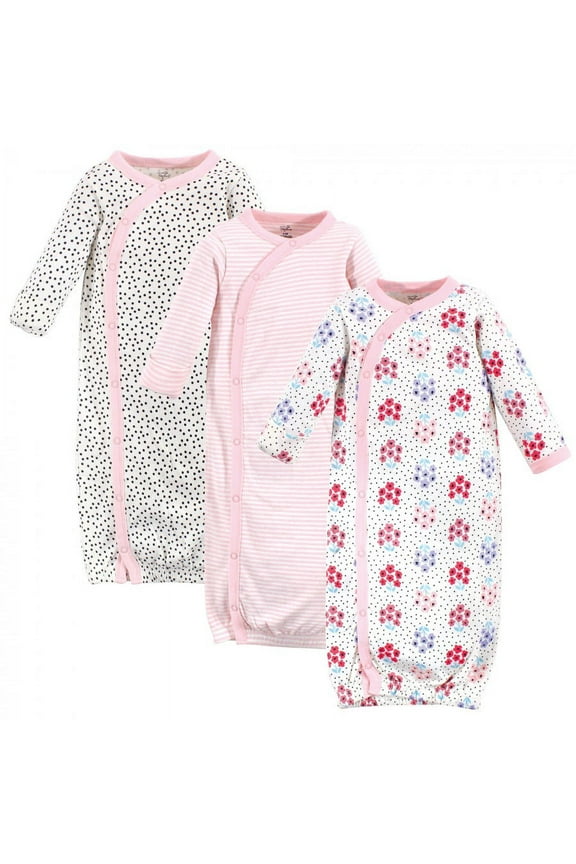 Baby Girl Organic Cotton Side-Closure Snap Long-Sleeve Gowns 3pk, Floral Dot, Preemie