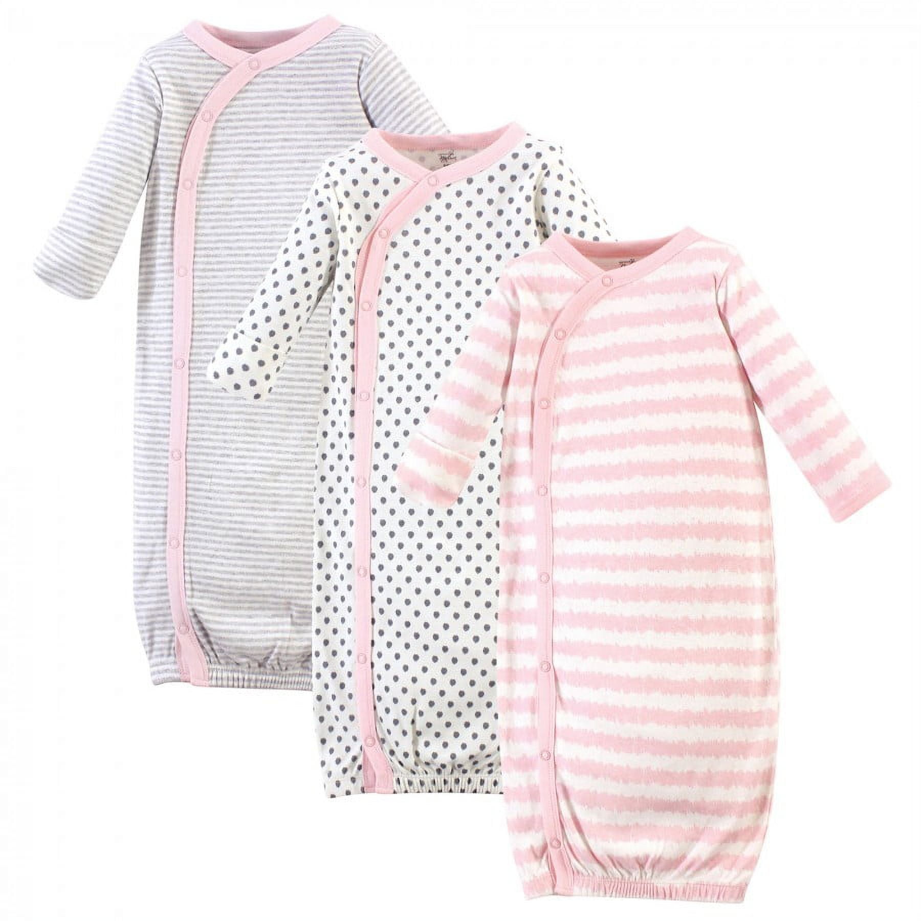 Touched by Nature Baby Girl Organic Cotton Side-Closure Snap Long-Sleeve Gowns 3pk, Pink Gray Scribble, Preemie