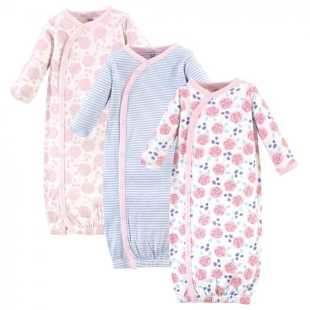 Touched by Nature Baby Girl Organic Cotton Side-Closure Snap Long-Sleeve Gowns 3pk, Pink Rose, 0-6 Months