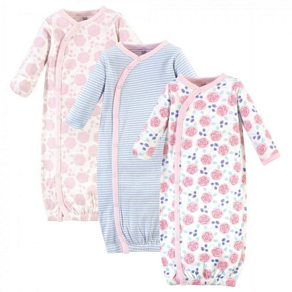Touched by Nature Baby Girl Organic Cotton Side-Closure Snap Long-Sleeve Gowns 3pk, Pink Rose, 0-6 Months