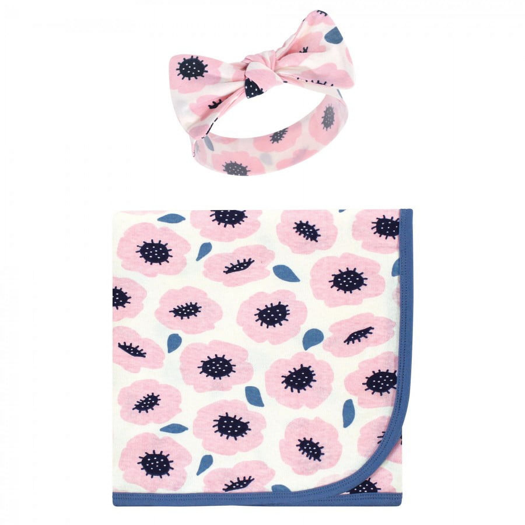 Touched by Nature Baby Girl Organic Cotton Swaddle Blanket and Headband or Cap, Blossoms, One Size