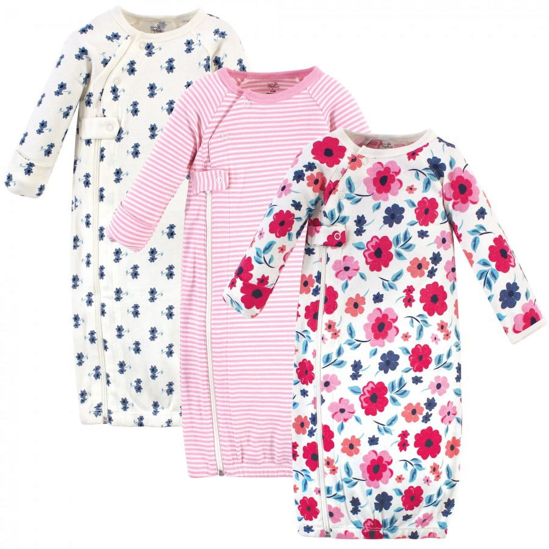 Touched by Nature Baby Girl Organic Cotton Zipper Long-Sleeve Gowns 3pk, Garden Floral, Preemie