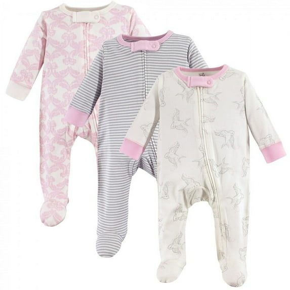 Touched by Nature Baby Girl Organic Cotton Zipper Sleep and Play 3pk, Bird, 3-6 Months