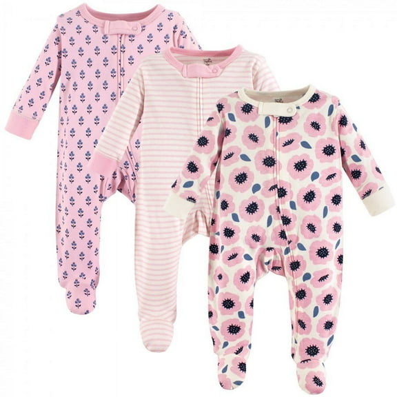 Touched by Nature Baby Girl Organic Cotton Zipper Sleep and Play 3pk, Blossoms, 3-6 Months