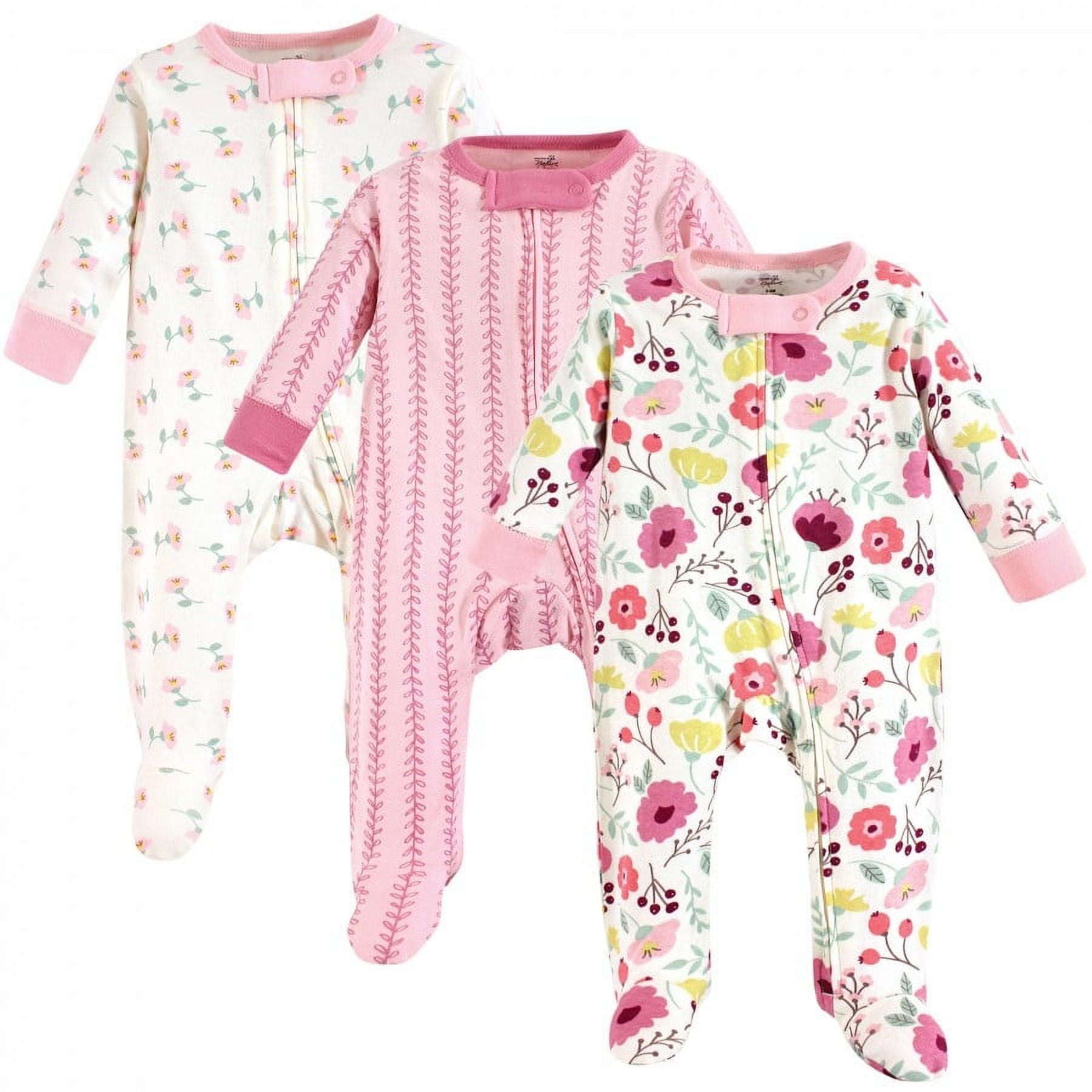 Touched by Nature Baby Girl Organic Cotton Zipper Sleep and Play 3pk, Botanical, 6-9 Months