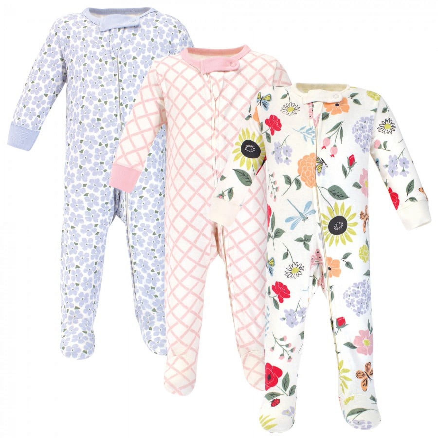 Touched by Nature Baby Girl Organic Cotton Zipper Sleep and Play 3pk, Flutter Garden, 0-3 Months