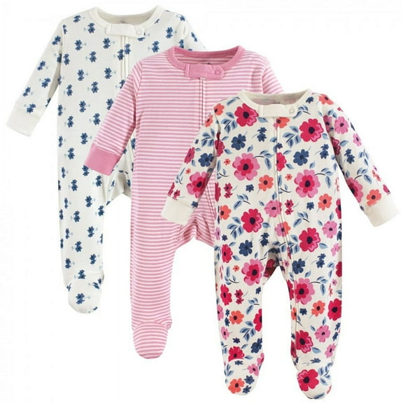 Touched by Nature Baby Girl Organic Cotton Zipper Sleep and Play 3pk, Garden Floral, 3-6 Months