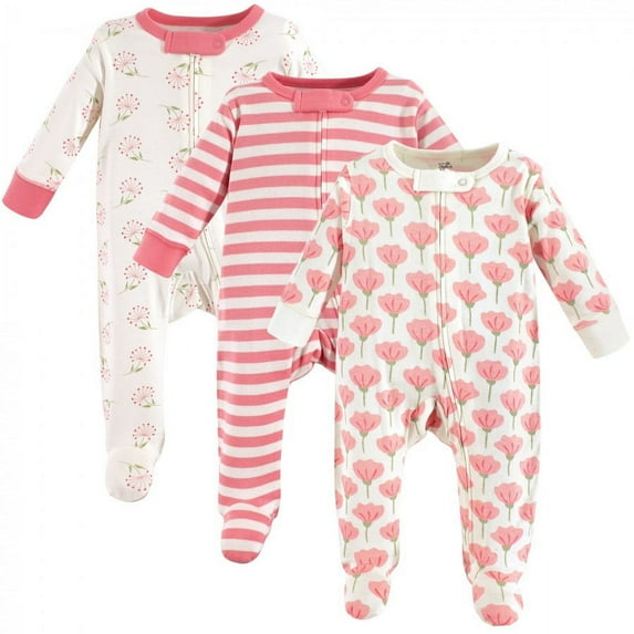 Touched by Nature Baby Girl Organic Cotton Zipper Sleep and Play 3pk, Tulip, 3-6 Months