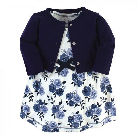 Touched by Nature Baby and Toddler Girl Organic Cotton Dress and Cardigan 2pc Set, Navy Floral, 6-9 Months