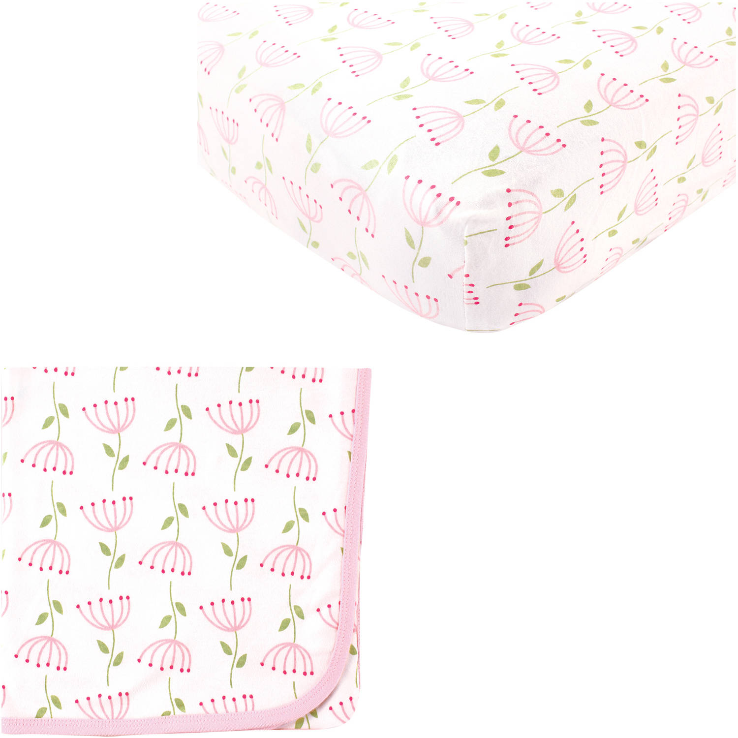 Touched by Nature Baby Girls' Organic Cotton Fitted Crib Sheet and Cotton Swaddle Blanket, Choose Your Color
